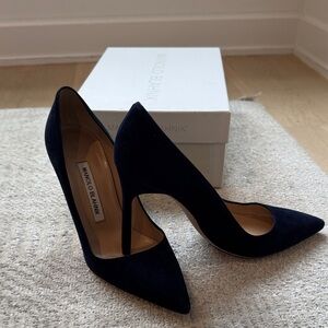 Manolo Blahnik Navy Suede Pointed Pumps